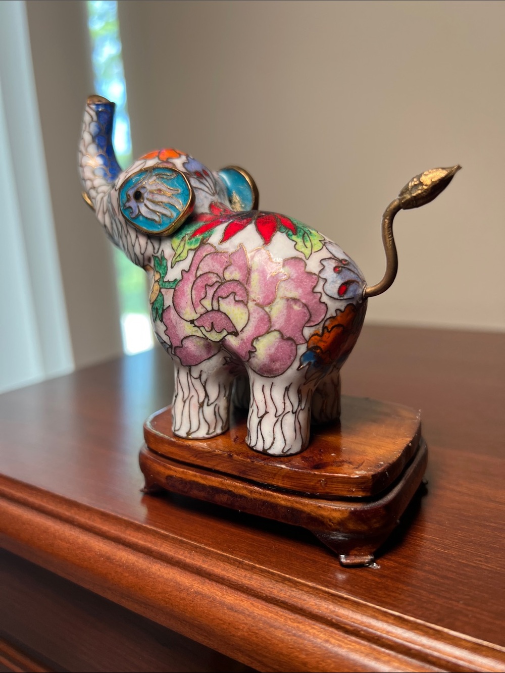 Vintage Colorful Cloisonné Enamel Elephant Figurine with Wooden Display Stand - Picture 4 of 13